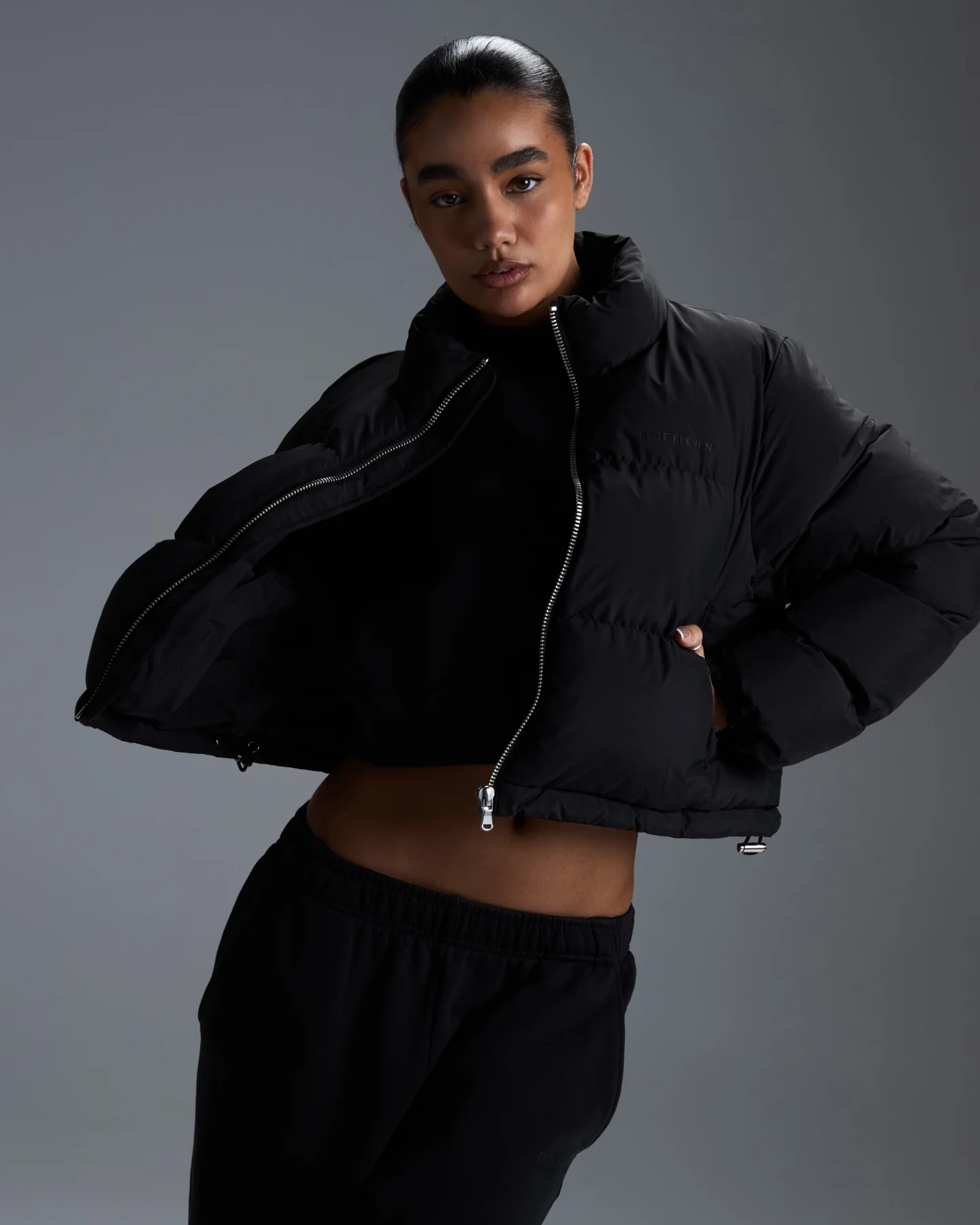 Premium Cropped Puffer Jacket - Black - Image 5
