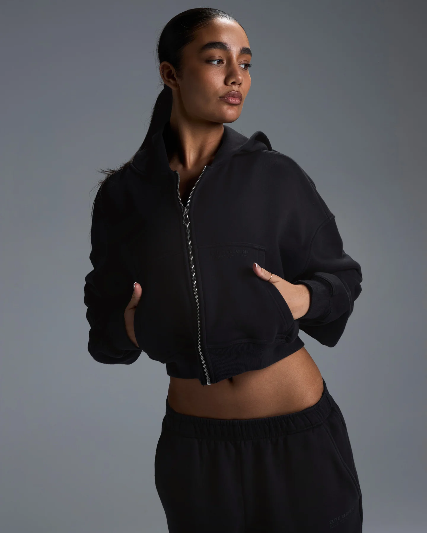 Premium Heavyweight Cropped Zip Through - Black