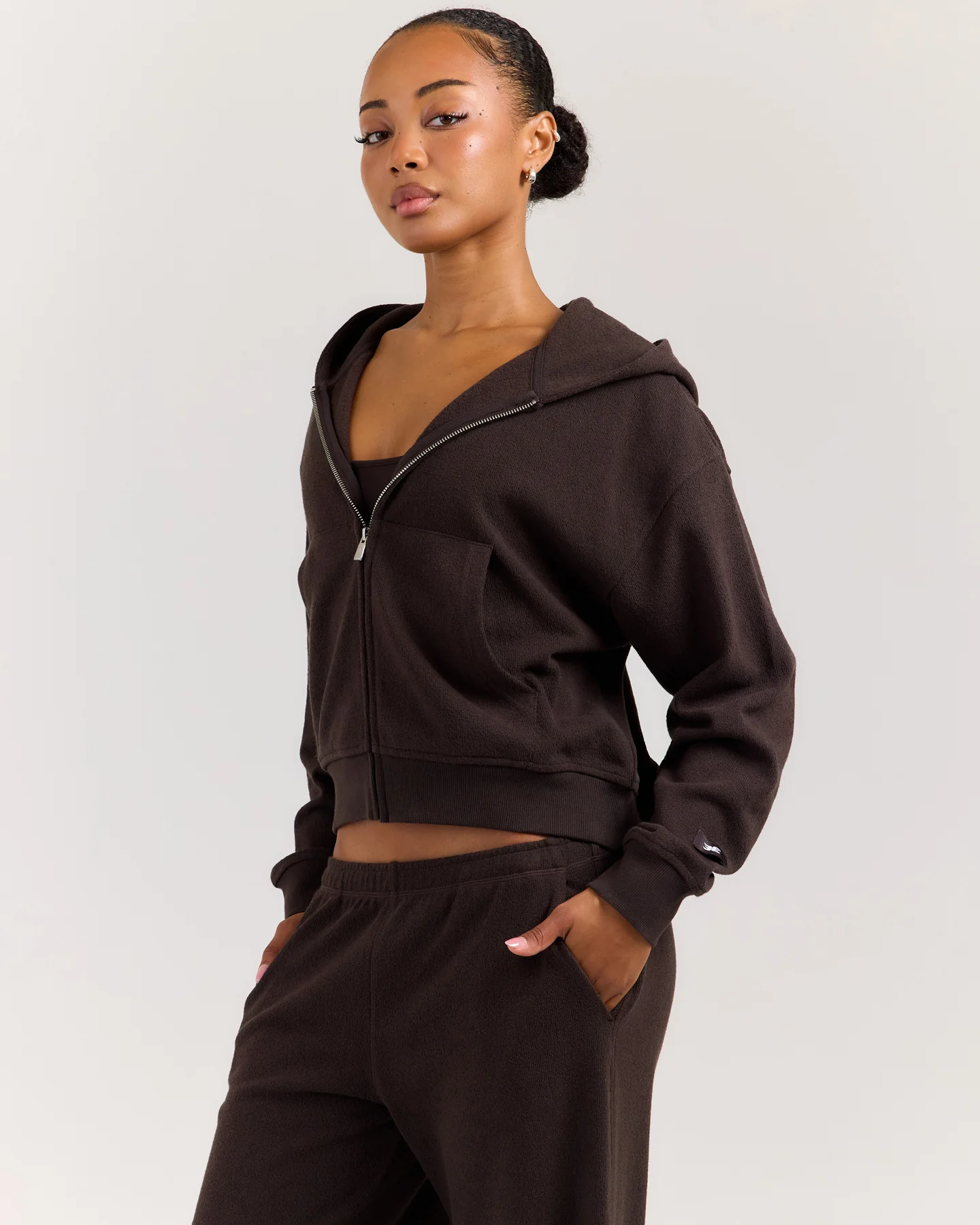 Terry Towelling Zip Hoodie - Coffee Bean - Image 3