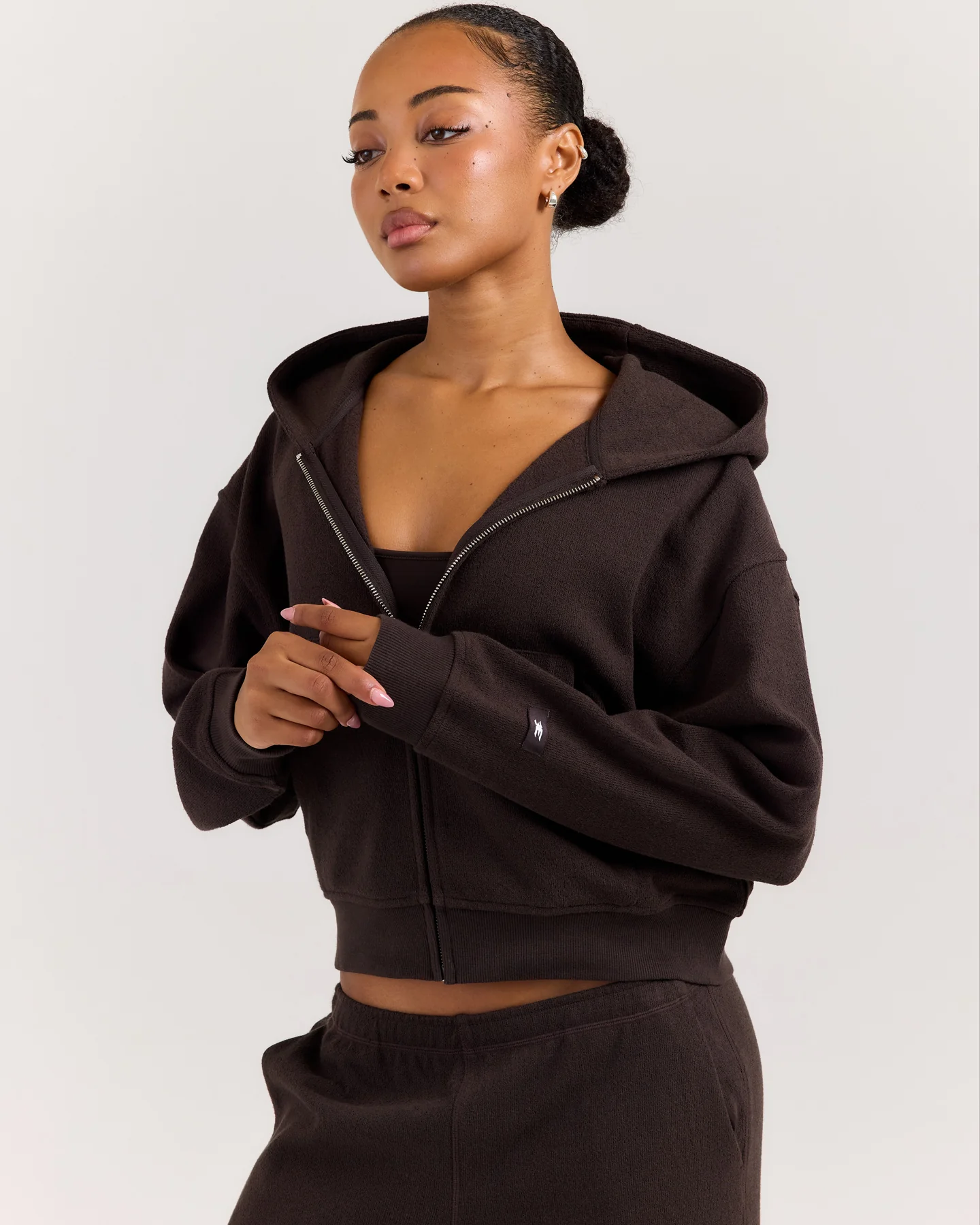 Terry Towelling Zip Hoodie - Coffee Bean - Image 4